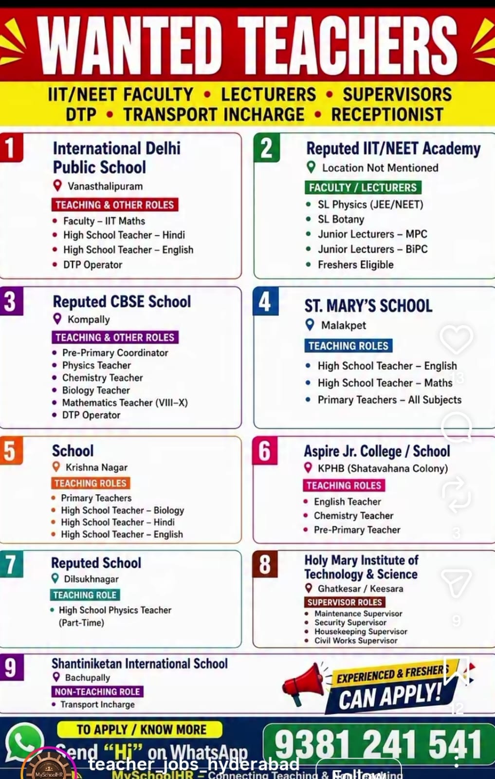 Vacancies for Teachers at  Hyderabad